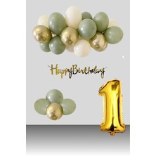 Tedaks Retro Krom Gold Küf Yeşili Kum Beji Balon Happy Birthday Banner Gold Rakam Doğum Günü Süsleme