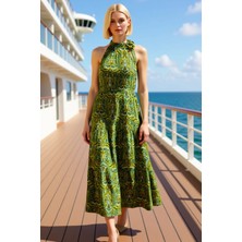 Benerly Kadın Boyundan Bağlamalı Kolsuz Maxi Elbise Düz Kesim Şal Desen Fonksiyonel Şık