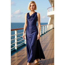 Benerly Kadın Degaje Yaka Kolsuz A Kesim Saten Maxi Elbise Dokuma Kumaş Fonksiyonel