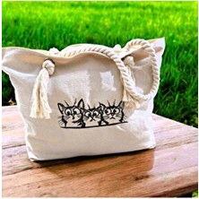 Shules Collection Meraklı Kedi Nakışlı Bez Çanta Gabardin Pamuk Kumaşla Şık ve Rahat