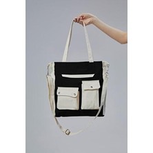 Çınar Bez Çanta Çınar Kanvas Çanta Siyah - Ekru Ön Cepleri ile Kadınlar İçin Şık ve Ergonomik Tasarım