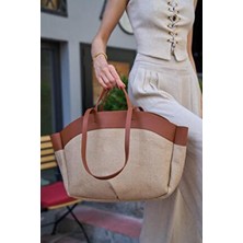 Madamra Taba Hasır Kadın Kontrast Tote Çanta Şık Tasarım ve Geniş İç Hacim ile Günlük Kullanım İçin