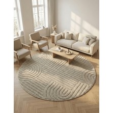 Anaska Home Modern Yuvarlak Bej Halı Organik Çizgili Kabartma Dokulu Salon & Oturma Odası Halısı