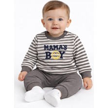 Kr Kids Butik Erkek Bebek Gri Çizgili Eşofman Takımı – Nb Nakışlı Sweatshirt & Jogger Alt