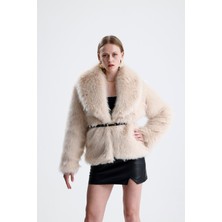 Vapur Tekstil Deri Kemerli Kürk Kaban - Bej