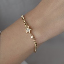 Oroline Kuyumculuk Ayar Altın Taşlı Yıldız Desenli Kadın Bileklik