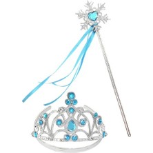 Mavi Taşlı Elsa Çocuk Taç ve Kar Temalı Kurdeleli Elsa Asası Sopası