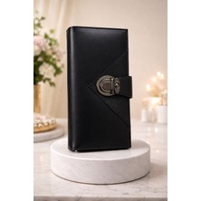 Huma Butik Takı Aksesuar Siyah Suni Deri Metal Tokalı Uzun Kadın Cüzdan