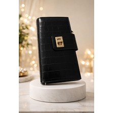 Huma Butik Takı Aksesuar Siyah Kroko Desenli Suni Deri Kilitli Uzun Kadın Cüzdan