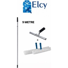Elcy -Cam Temizlik Seti 9 Metre Teleskopik Uzayabilen Metal Sap - 35 cm Cam Çekçeği ve 2 Adet Peluş