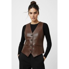 Deriderim Carla Kahverengi Hakiki Deri Kroko Kadın Yelek