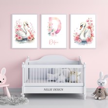 Nillie Design Pembe Çiçekli Kuğular 3'lü Isimli Tablo, Doğal Ahşap Çerçeveli Bebek ve Çocuk Odası Tablo Seti