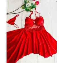 Güpür Detaylı Kırmızı Tül Gecelik