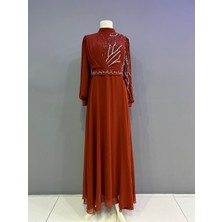 Miss Elegans Taşlı Şifon Kiremit Abiye
