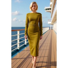 Benerly Kadın Kayık Yaka Uzun Kol Bodycone Kalıp Midi Örme Elbise Fonksiyonel Dayanıklı Kaliteli Şık