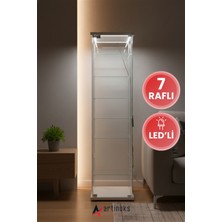 7 Raflı Ledli Cam Vitrin Dolap Gümüşlük Koleksiyon Sergi Kitaplık Kapaklı Büfe Mutfak Raflı Detolf