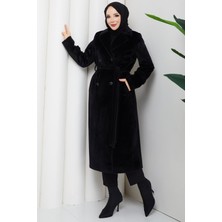 Günay Karaca Angora Kürk Kadın Kışlık Kaban Siyah Çift Düğme Kruvaze 2607