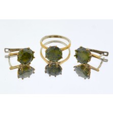 Hit Dükkan Zümrüt Yeşili Taşlı Gümüş Bronz Otantik Yüzük ve Küpe Üçlü Takı Seti MOD78