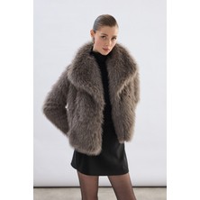 Sateen Geniş Yakalı Simli Kürk - Füme