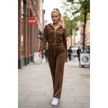 Kadın Kadife Rahat Kalıp Fermuarlı Üst Beli Lastikli Alt Ikili Takım Kahverengi