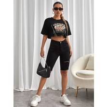 Afri Kadın Siyah Fermuar Detaylı Crop Tişört - California Baskılı Retro Vintage Oversize Kesim Tshirt