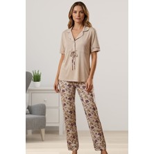 Effortt Bej Gömlek Yaka Kadın Pijama Takımı