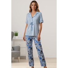 Effortt Mavi Gömlek Yaka Kadın Pijama Takımı