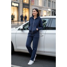 Kadın Kadife Rahat Kalıp Fermuar Detaylı Beli Lastikli Alt Üst Ikili Takım Lacivert