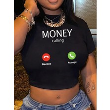 Afri Kadın Siyah Crop Tişört Money Calling Baskılı Telefon Temalı Kısa Tişört Streetwear