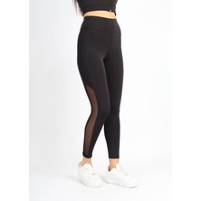 Softandbasic Siyah Polyester Paçası Tül Detaylı Yüksek Bel Premium Kumaş Spor Günlük Rahat Tayt