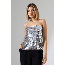 Cemo Gümüş Pullu Ince Askılı Bluz