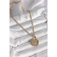 Marsilyan 316L Çelik Gold Renk Burgu Zincir Dorika Yaşam Ağacı Figür Nazar Boncuk Detay Kadın Kolye