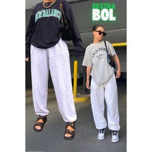 Vladivosto Kadın Oversize Baggy Eşofman Altı Gri Pamuklu Lastikli Paça İlkbahar - Sonbahar - Kış