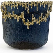 Lumienza Lüks Tasarım Cam Vazo Mavi 33X31 cm - Gold Işlemeli Şık Ev Hediyesi Dekoratif Obje