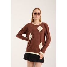 Moda Days Kadın Kahve Geometrik Desenli Yuvarlak Yaka Parıltı Triko Bluz