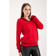 Moda Days Kadın Kırmızı Ajurlu Kollu Kontrast Biyeli Kamyoncu Yaka Triko Bluz