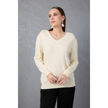 Moda Days Kadın Ekru Sim Biyeli V Yaka Parıltılı Triko Bluz