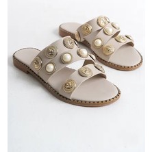 Kindep Park Moda Inci Düğme Detaylı Günlük Kadın Terlik Bej