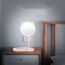 Marsilyan Kedi Kulaklı Telefon Standlı Yuvarlak Dokunmatik LED Ayarlı Masa Üstü Makyaj Aynası
