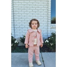 Magu Kız Bebek Pamuklu Pudra Yakalı Müslin 3'lü Takım - Ceket Tişört Pantolon