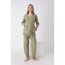 Jenika Önden Düğmeli Rahat Kalıp Ayarlanabilir Bel Kol ve Paça Fırfır Detaylı Hamile Lohusa Pijama Takımı