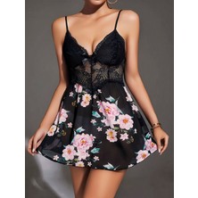 Çamaşır Kenti  Özel Tasarım Çiçek Desenli Dantel Işlemeli Şık Göğüs Dekolteli Siyah Saten Gecelik