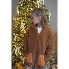 Reycan Kız Çocuk Peluş Mont Kapüşonlu Fermuarlı 5-8 Yaş, Kahverengi