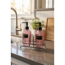 Modern Çizgili Yuvarlak Cam Ikili Sıvı Sabunluk & Deterjanlık Seti, Pembe- 500 ml Cam Sabunluk