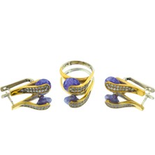 Hit Dükkan Otantik Tasarım Gümüş ve Bronz El Işçiliği Mor Taşlı Yüzük Küpe Takı Seti MOD83