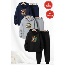 Fyk Kids 3 Iplik Şardonlu Kışlık Baskı Detaylı Kanguru Cepli Kapüşonlu 6 Parça Erkek Çocuk Eşofman Takımı