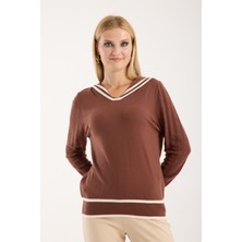 Moda Days Kadın Kahve Ajurlu Kollu Kontrast Biyeli Kamyoncu Yaka Triko Bluz