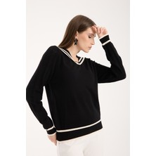 Moda Days Kadın Siyah Ajurlu Kollu Kontrast Biyeli Kamyoncu Yaka Triko Bluz