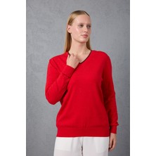 Moda Days Kadın Kırmızı Sim Biyeli V Yaka Parıltılı Triko Bluz