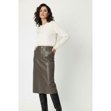 Deriderim Gri Mita Midi Hakiki Deri Kadın Etek